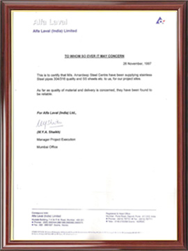 Alfa Laval Ltd Certificate - Amardeep Steel centre
