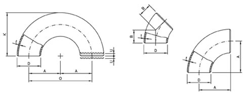 buttweld 45 & 90 deg elbow dimentions