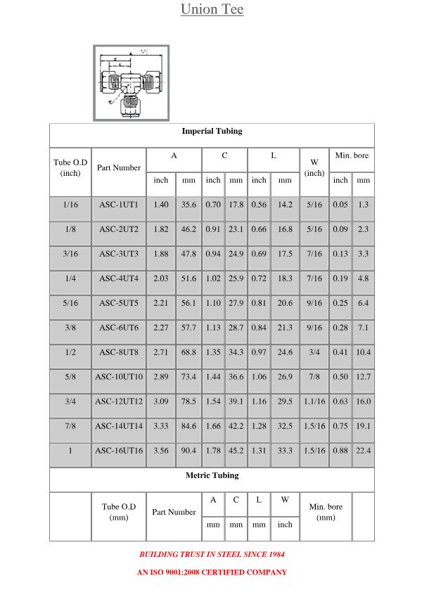 Union tee dimension table from the instrument tube fittings catalogue