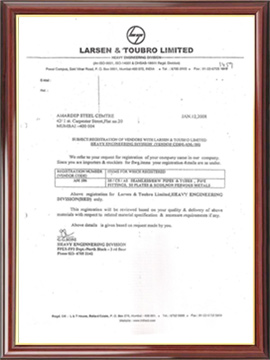 Larsen & Toubro Ltd. Certificate - Amardeep Steel Centre