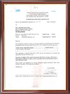 NTPC Certificate - Amardeep Steel Centre